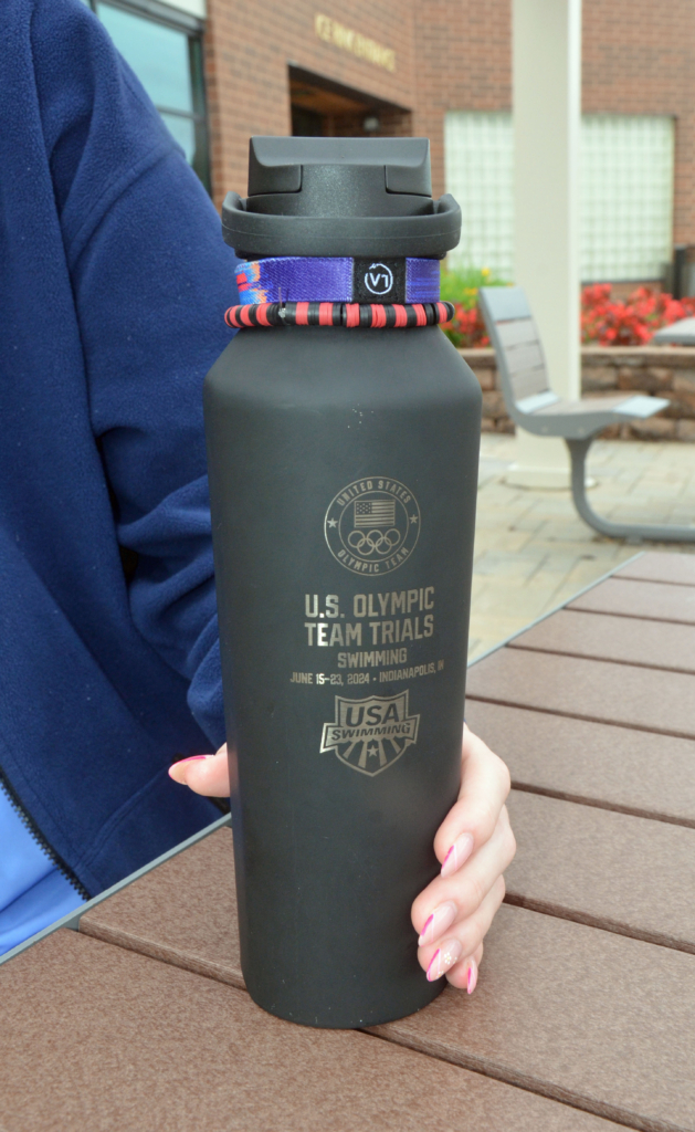 The souvenir water bottle that Larsen received as a participant  at the U.S. Olympic swim trials. Photo by Jim Bayer