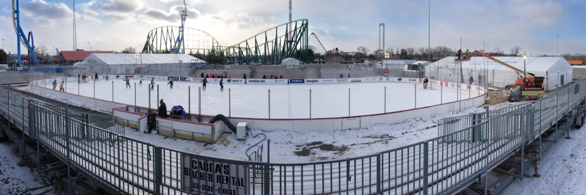 The outdoor rink at Valleyfair, set against the backdrop of the Wild Thing roller coaster and other rides, during Eden Prairie boys hockey practice Monday for Hockey Day Minnesota.